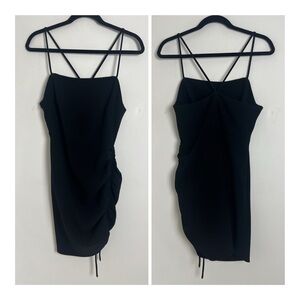 ZARA Black Classic Ruched Square Neck Strappy Back Bodycon Mini Dress Size Small